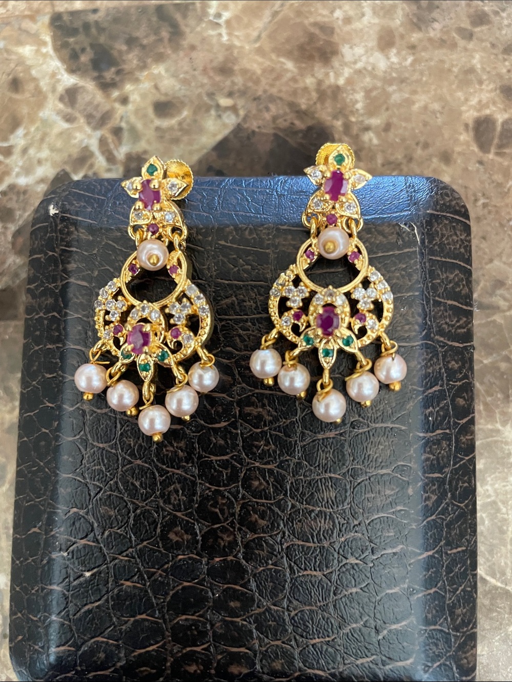 Gold-Tone Pearl and Ruby Drop Earrings - Elegant Women's Jewelry